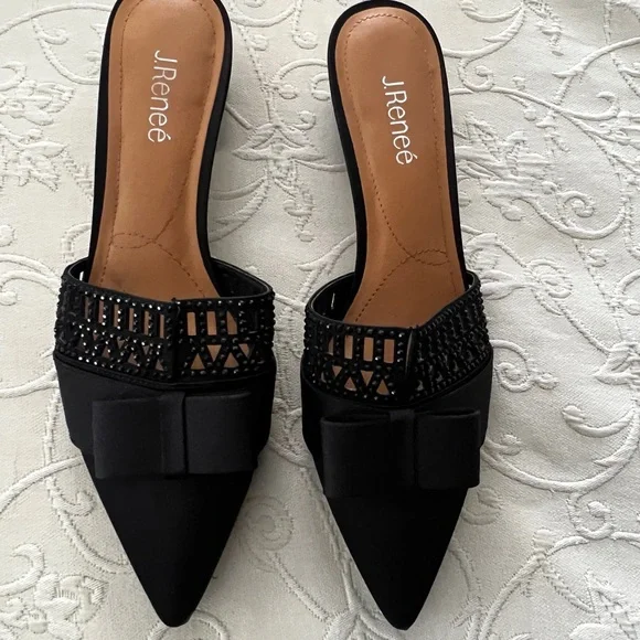 Sleek, Elegant Black Women's Slip On Mules, Low Heels with Bow & Embellishments - Picture 2 of 4